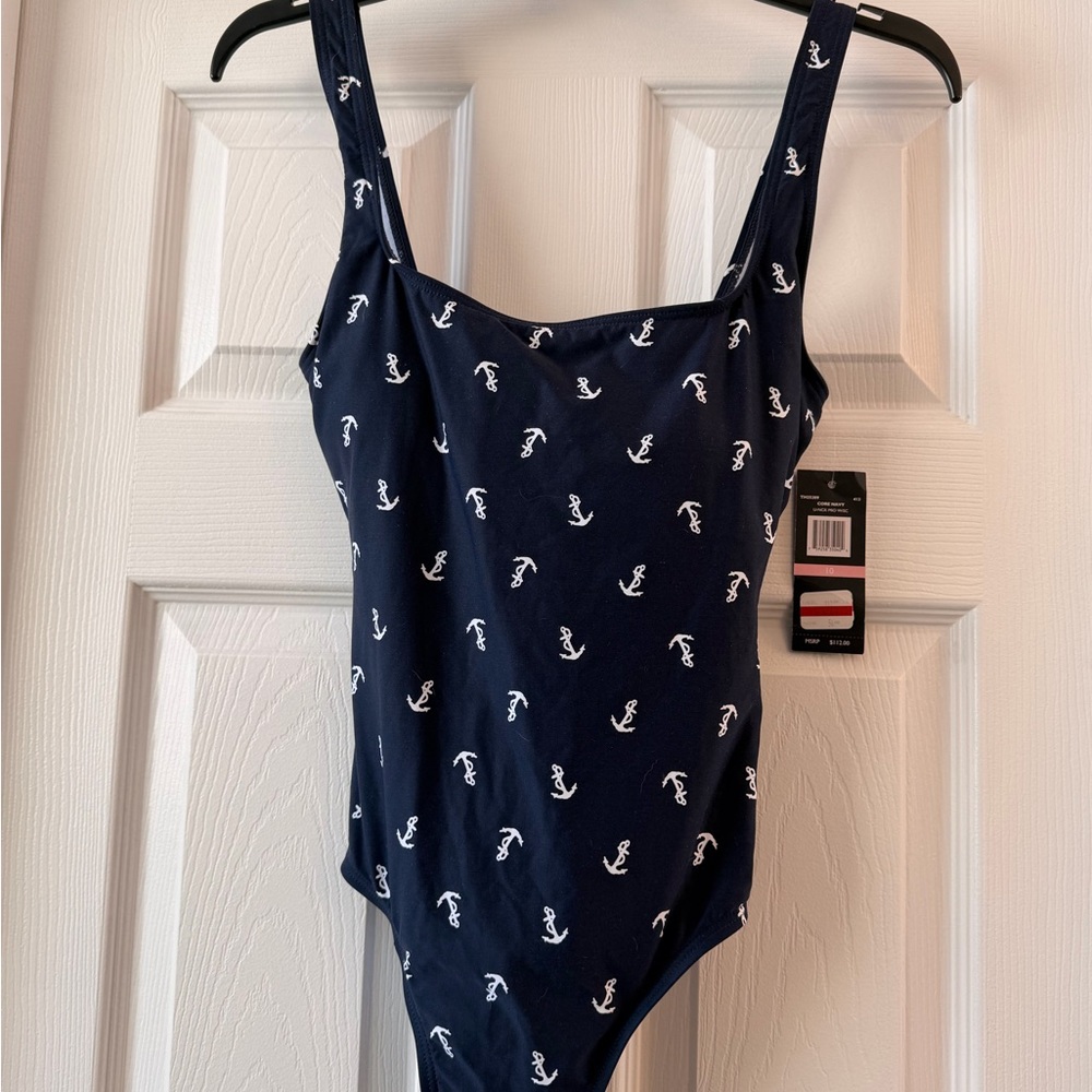 Tommy Hilfiger NWT Designer Navy Blue One-Piece Swimsuit with White Anchor Print